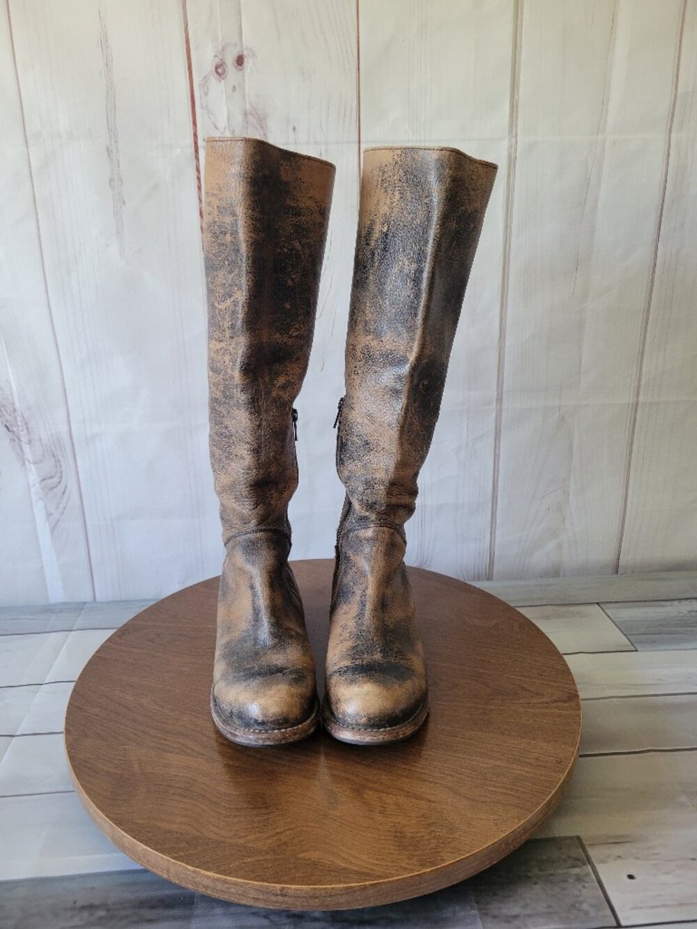 Bed Stu Genuine Leather Distressed Black/Tan Tall Knee-High Western Riding Boots